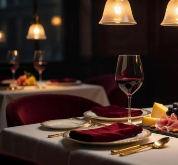Detalii de decor cu lumini de seară calde, elemente aurii și atmosferă intimă în restaurant.
