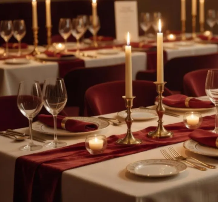 Detalii de decor festiv cu lumânări și pahare de vin la o cină aniversară