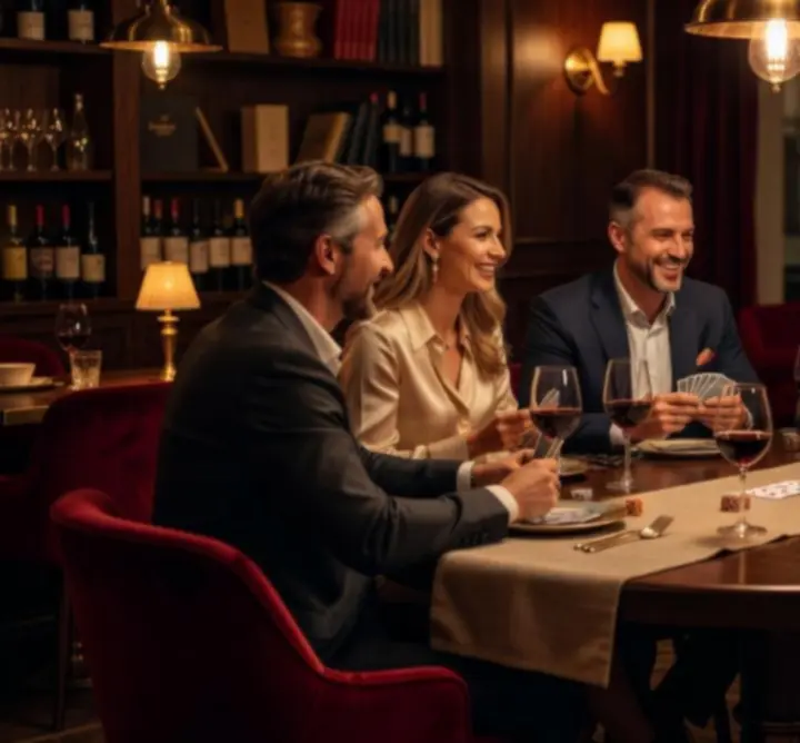Masă de poker offline la Club Serata RO, jucători relaxați într-o atmosferă cozy de seară.