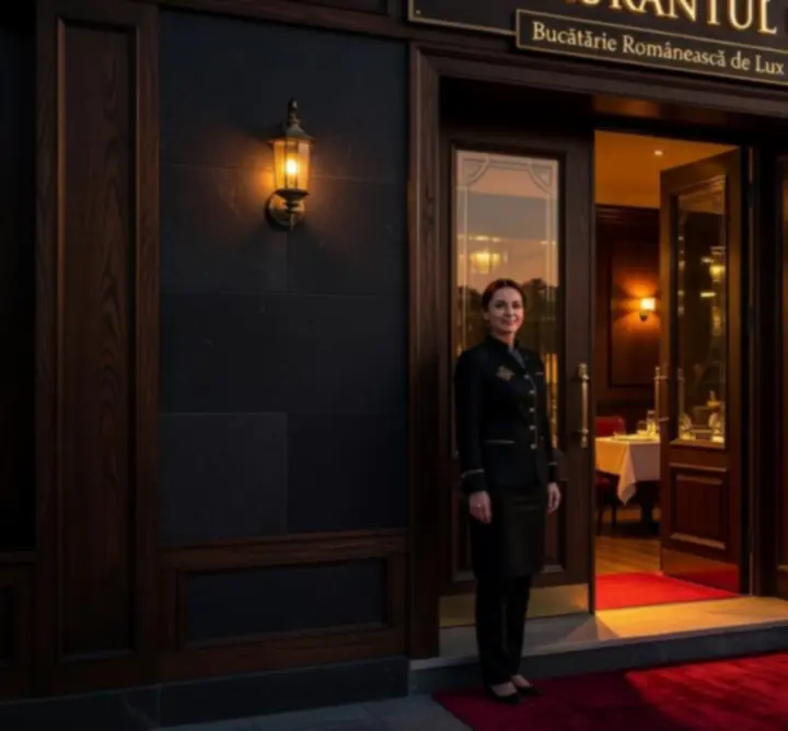 Întâmpinare caldă a oaspeților în restaurantul Club Serata RO, lumină caldă și detalii elegante de masă.