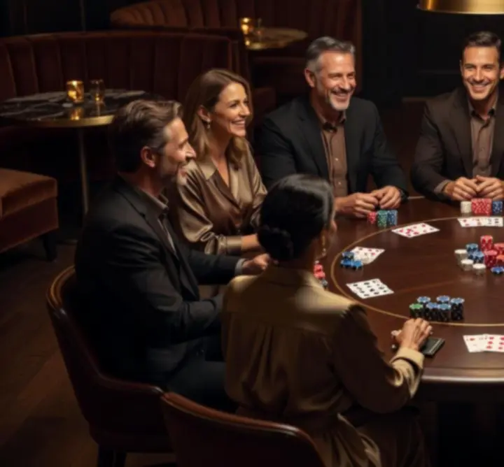 Mână de poker pe un fundal elegant, cu jetoane și cărți așezate pe masă.