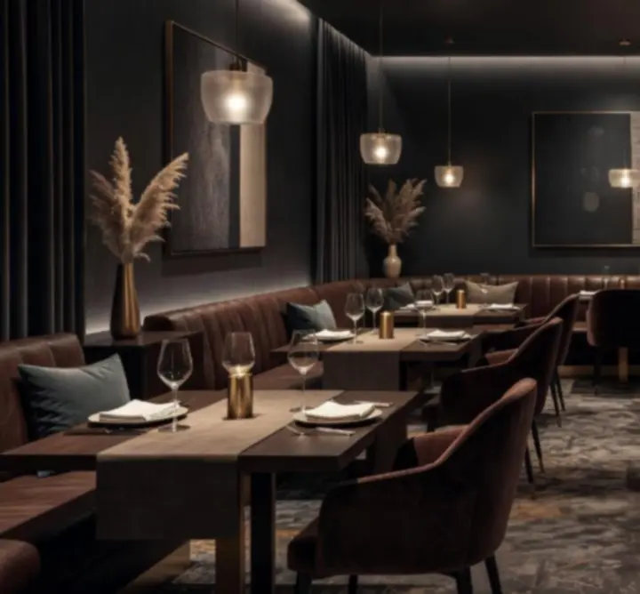 Interior de restaurant cu lumină caldă, mese pregătite pentru cină de seară la Club Serata RO.
