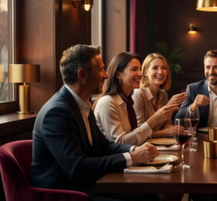 Oaspeți la o seară socială, discutând relaxat la masă într-un decor elegant.