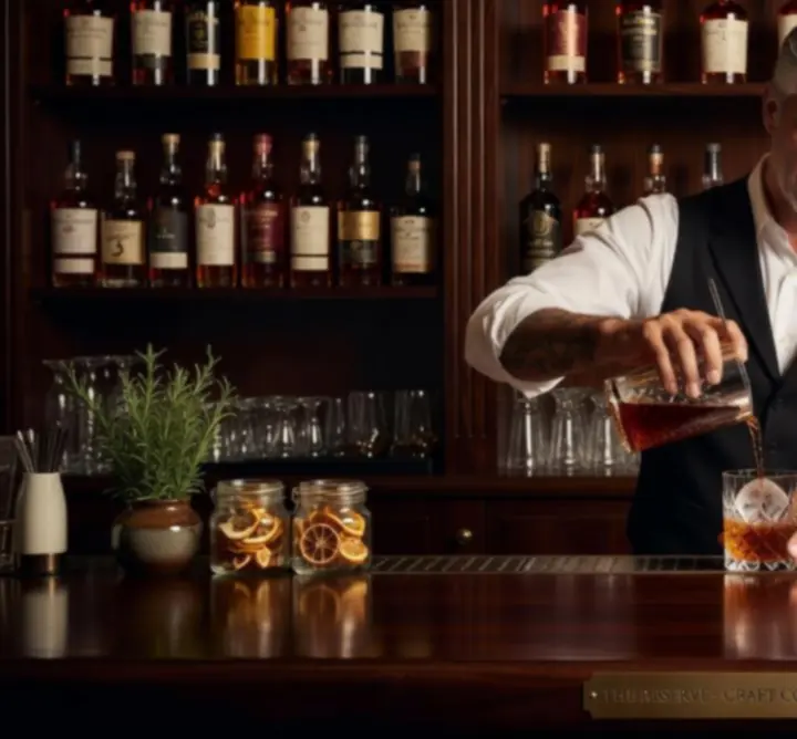 Bar elegant cu cocktailuri aurii și pahare de vin în lumină caldă