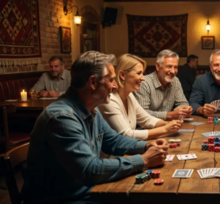 Mască de poker offline relaxată, cărţi şi jetoane pe masă într-o lumină caldă de seară.