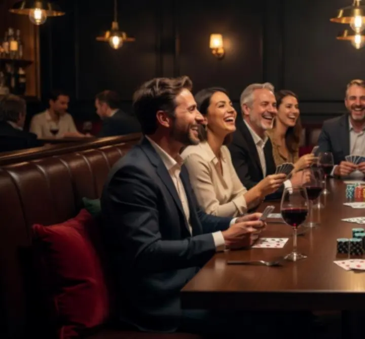 Mese de poker luminate cald, cu oaspeți relaxați la Club Serata RO
