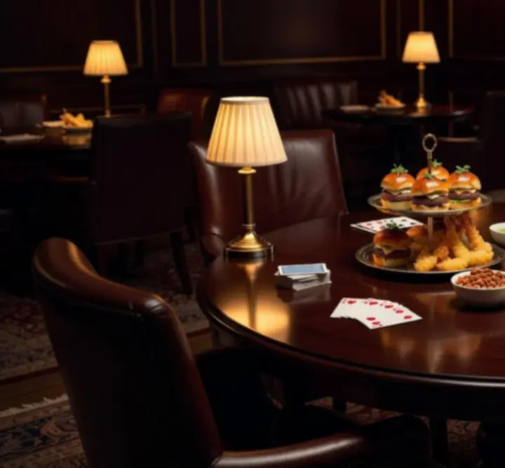 Gustări și finger food așezate pe o masă de poker offline într-un cadru relaxat