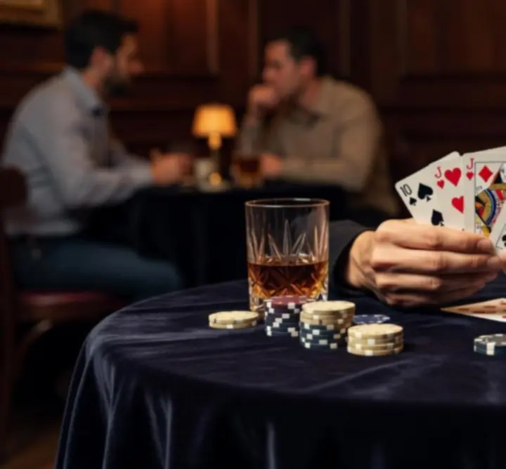 Detaliu de masă de poker cu cărți și jetoane într-un cadru intim și elegant.