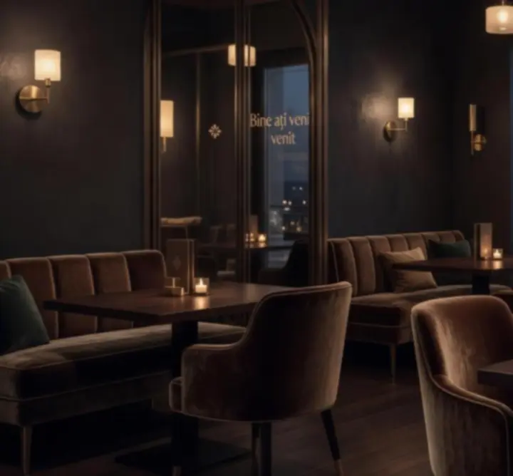 Vedere cinematică a sălii de restaurant Club Serata RO, cu lumină caldă de seară şi mese pregătite pentru cină.