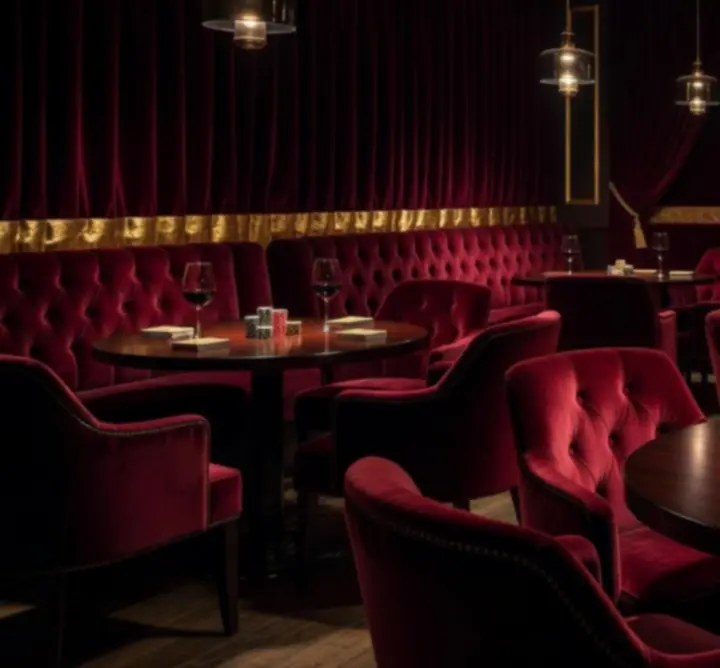 Detalii de decor la mesele de poker din restaurant – textile, lumini calde și jetoane